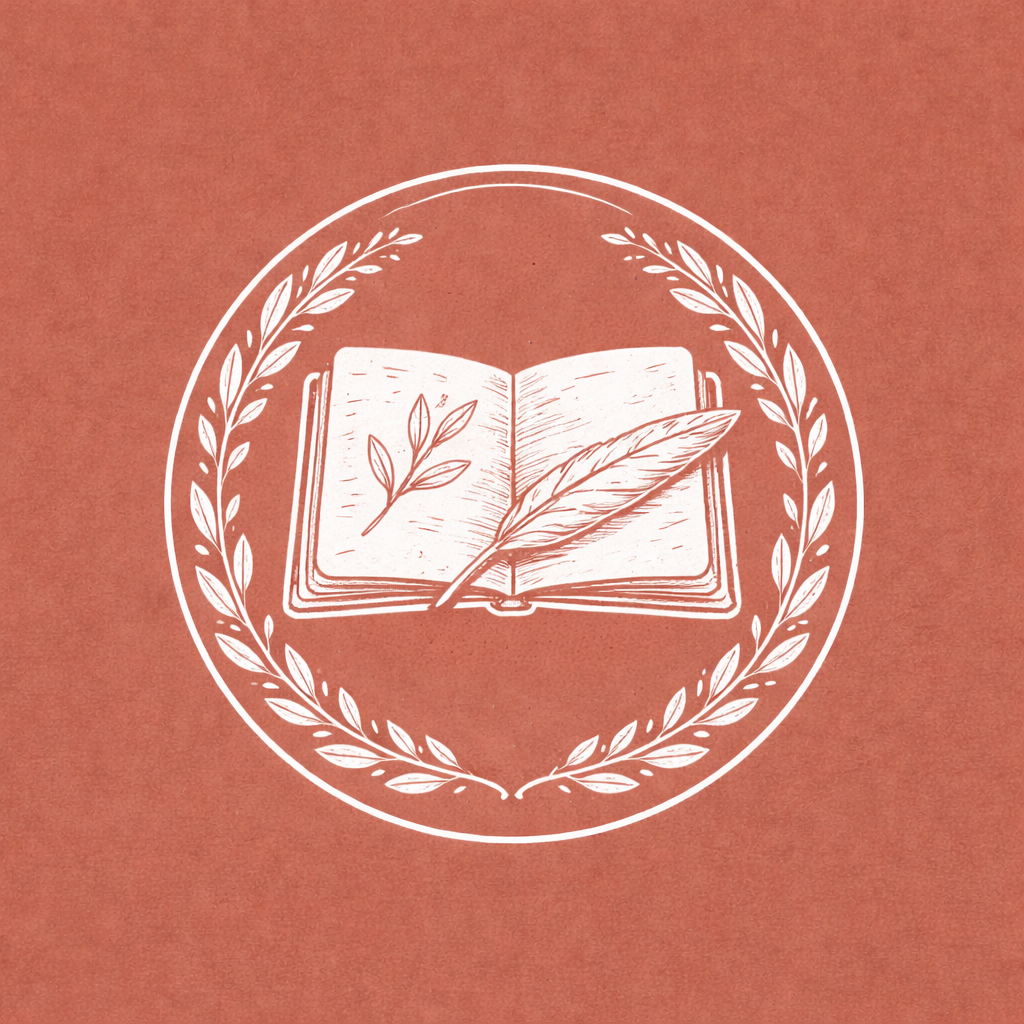 A white line drawing of an open book with a feather and a branch on its pages, surrounded by a laurel wreath, on a reddish-brown background.