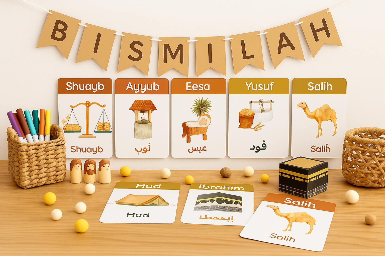 Educational display of Islamic terms in English and Arabic with matching illustrations, cards, and decorative items on a wooden table.
