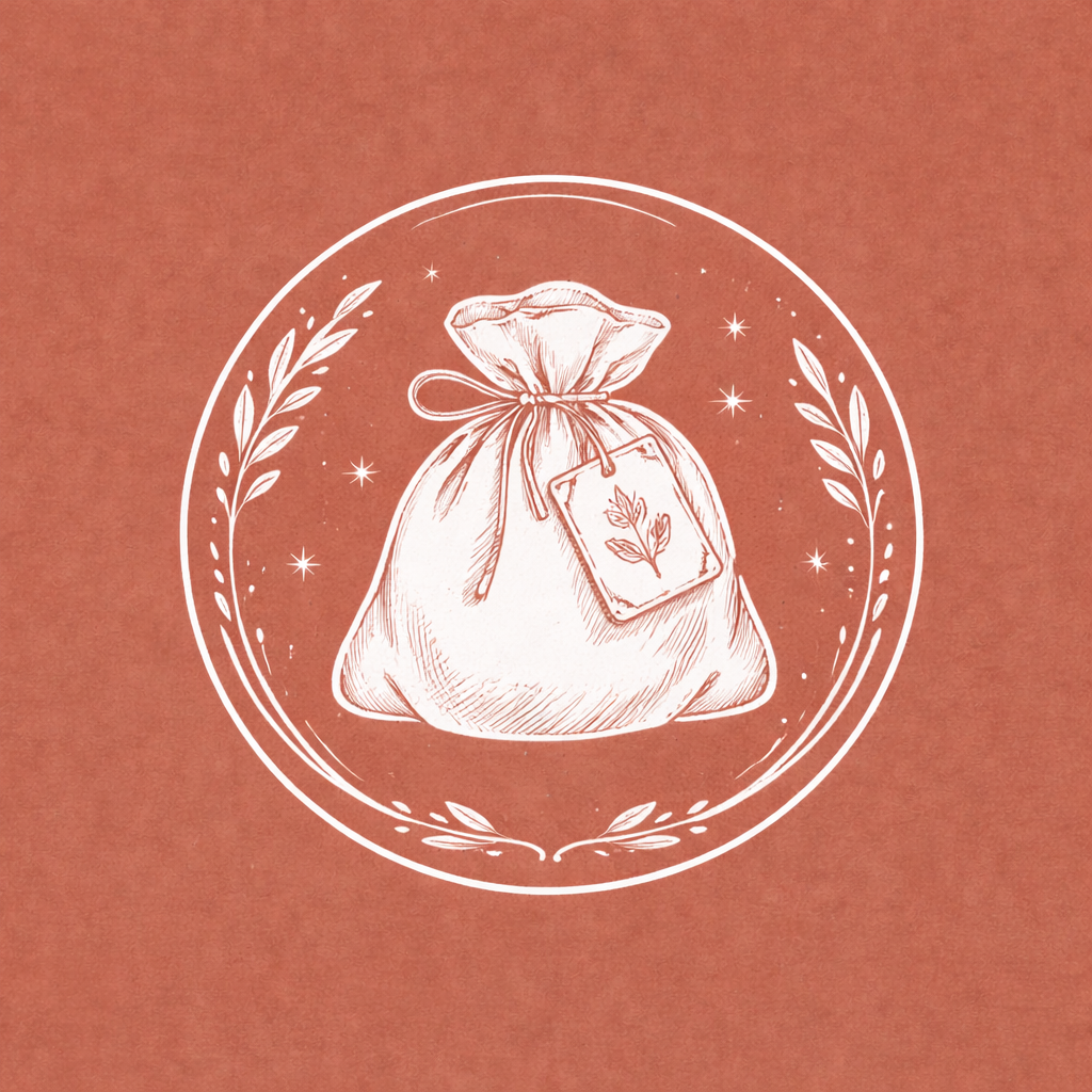 A white sketch of a drawstring bag with a leaf illustration on a tag, surrounded by a circular decorative border with leaves and stars, on a reddish-brown background.