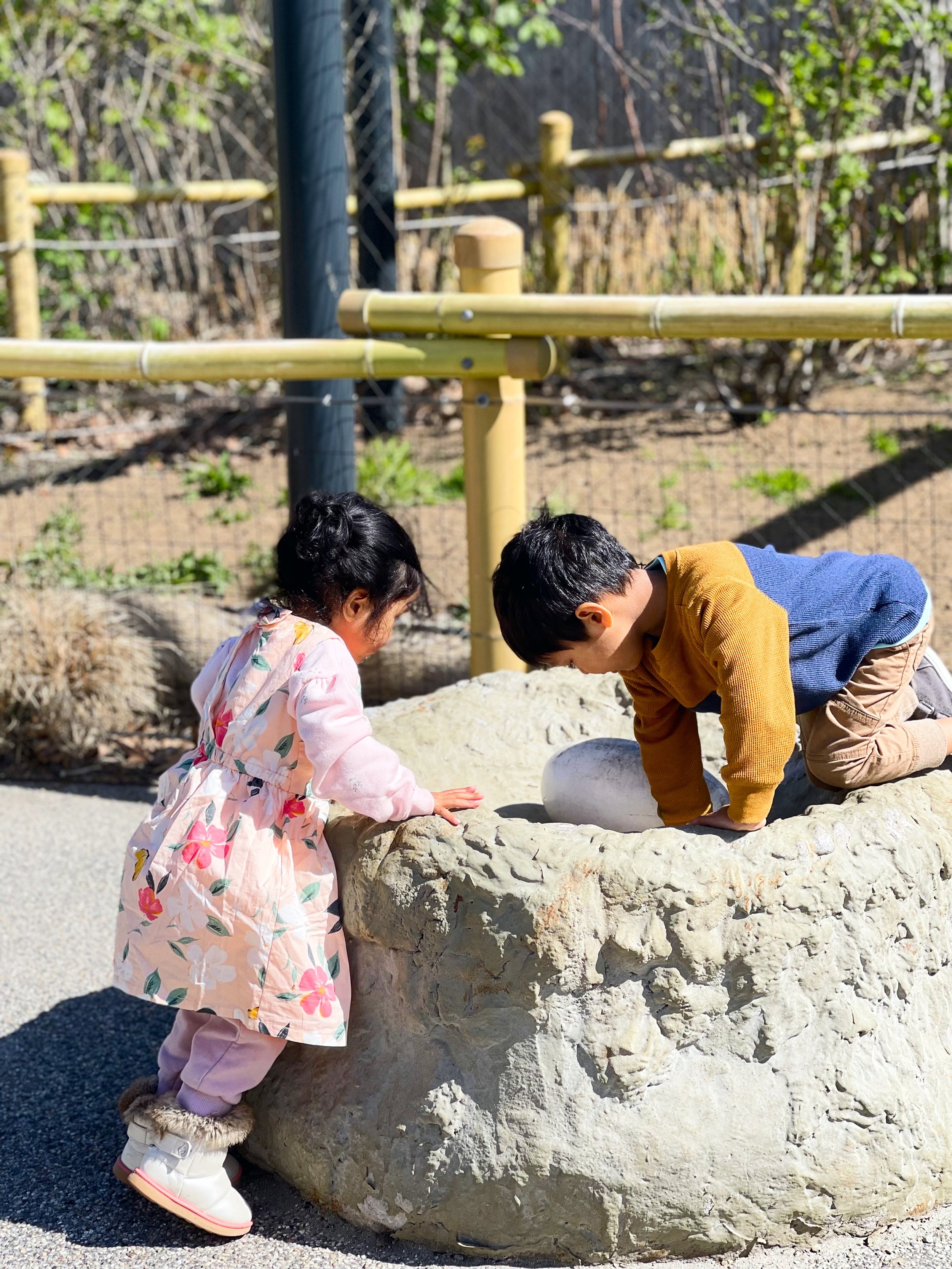 Two young children, a girl in a pink floral dress and a boy in a yellow and blue sweatshirt, playing near a stone well with a white bowl inside, outdoors on a sunny day.