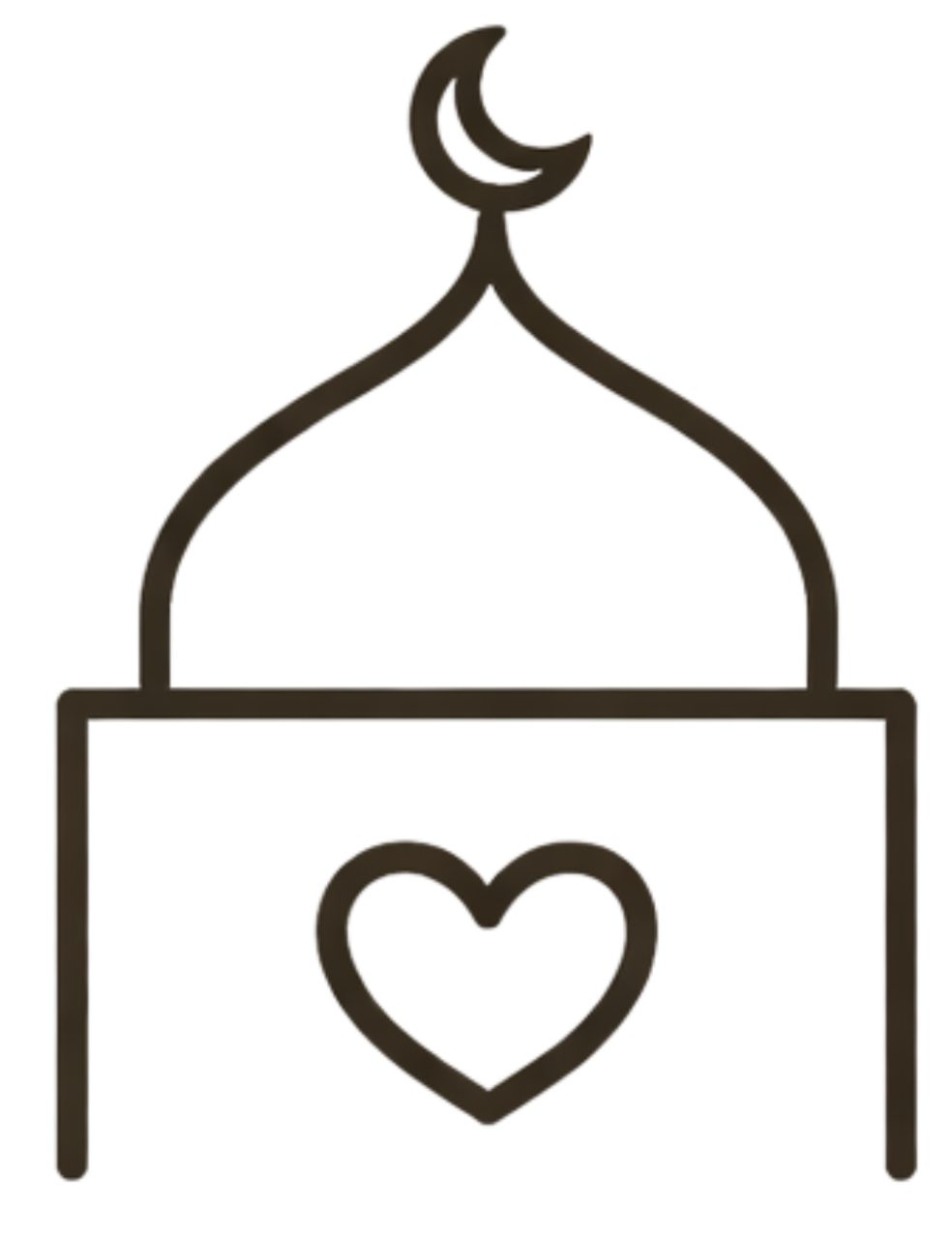Outline of a mosque with a crescent moon on top and a heart symbol in the center.