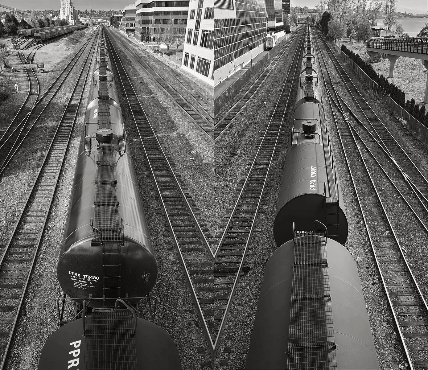 Two views of one very long train: one looking south, the other north