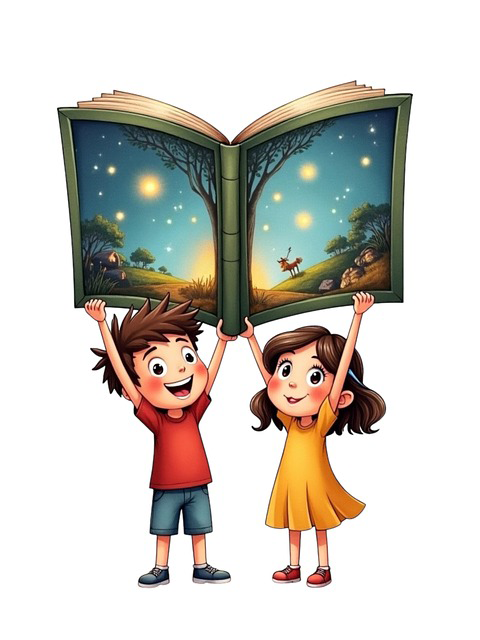 Boy and girl holding up a book