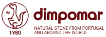 Logo of Dimpomor featuring a stylized bird, with the text 'dimpomar' and tagline 'Natural Stone from Portugal and Around the World', established in 1980.