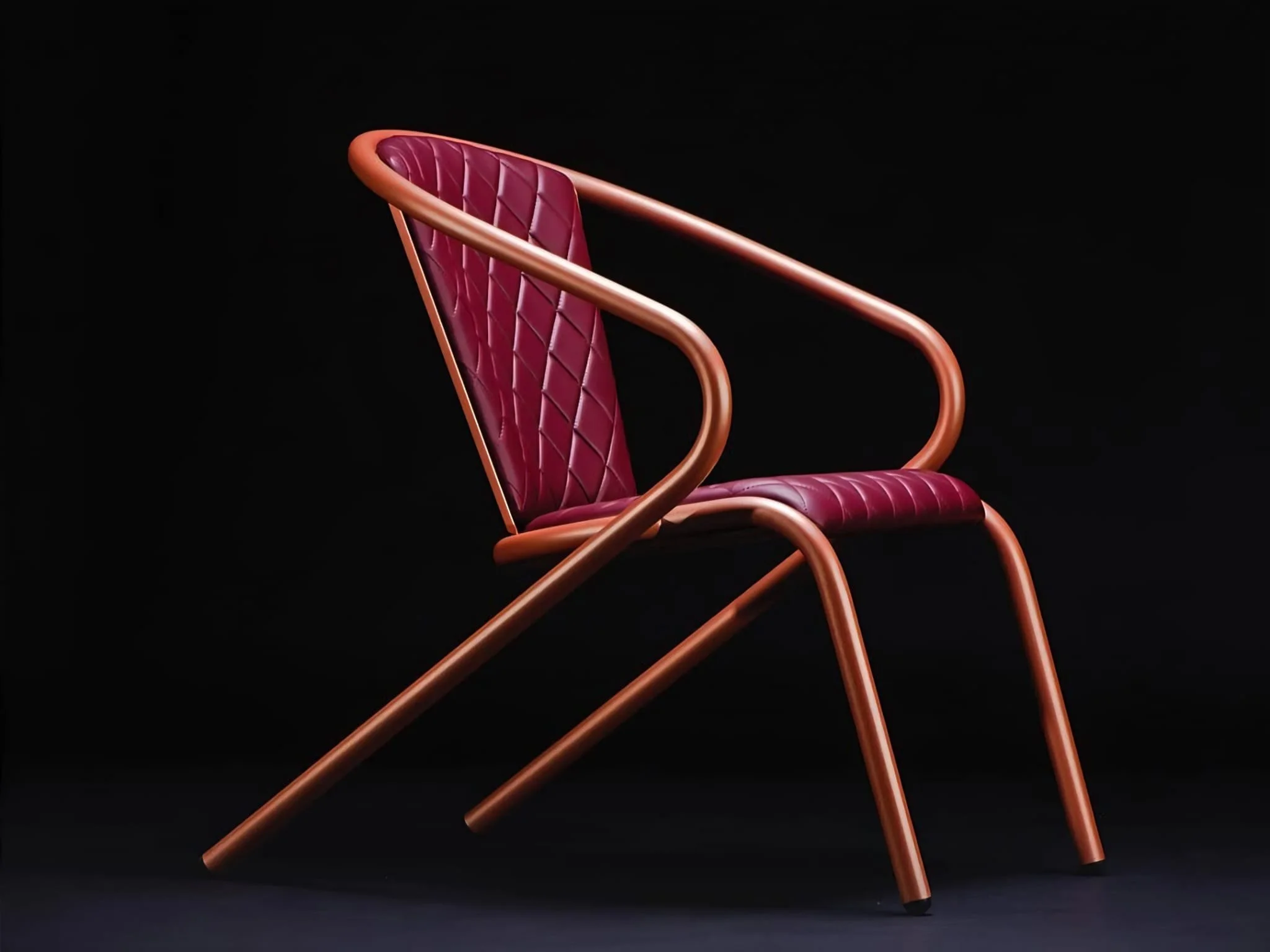 A modern pink chair with quilted pink upholstery and curved wooden armrests, set against a black background.