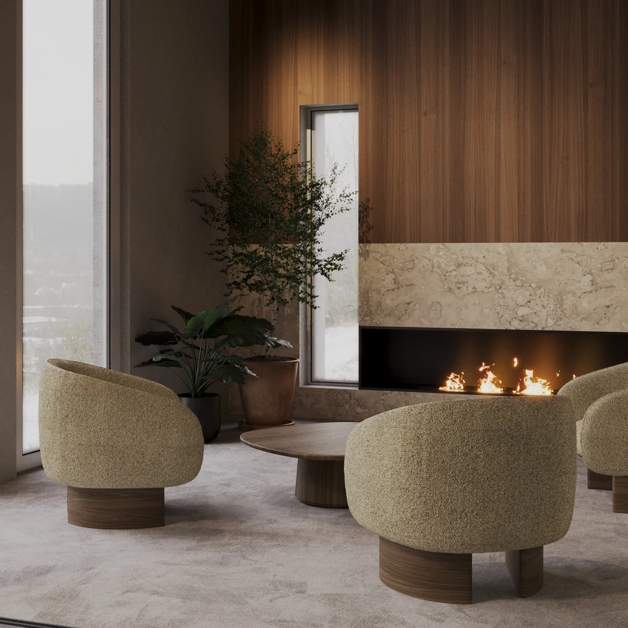 Modern interior with a fireplace, round beige chairs, a potted plant, and a wooden wall with a window.