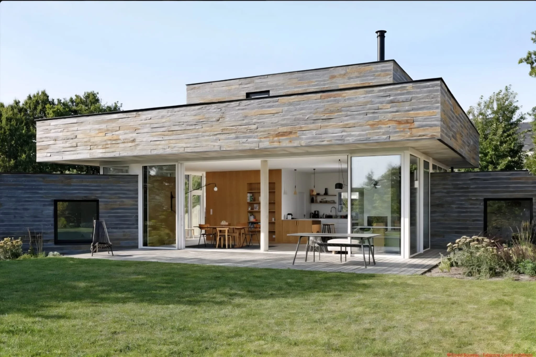Modern house with wooden upper facade and large glass sliding doors opening to a patio with outdoor furniture, surrounded by green lawn and trees under a clear blue sky.