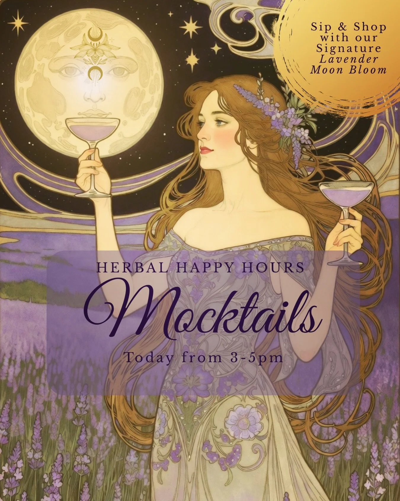 🌙 Lavender Moon Bloom 🌸
Our signature Herbal Happy Hour mocktail is pouring TODAY! ✨

Join us every Friday | 3&ndash;5pm for Mocktail Sip &amp; Shop 🌿
This week&rsquo;s sip features lavender-infused honey, butterfly pea flower infused lemonade, al