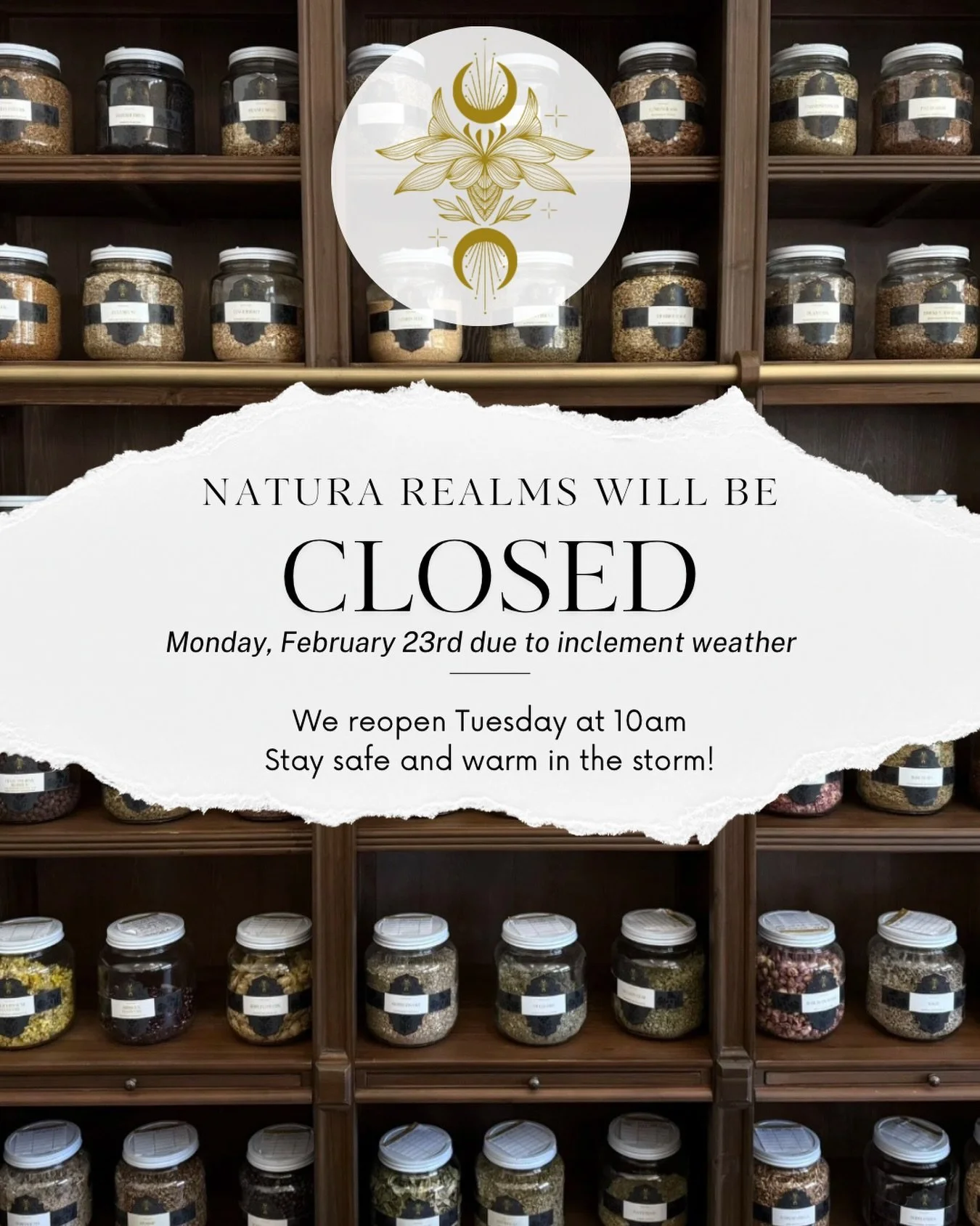 Natura will be closed on Monday during the storm. We reopen Tuesday morning at 10am. Stay warm &amp; cozy. ☕️🔥❄️