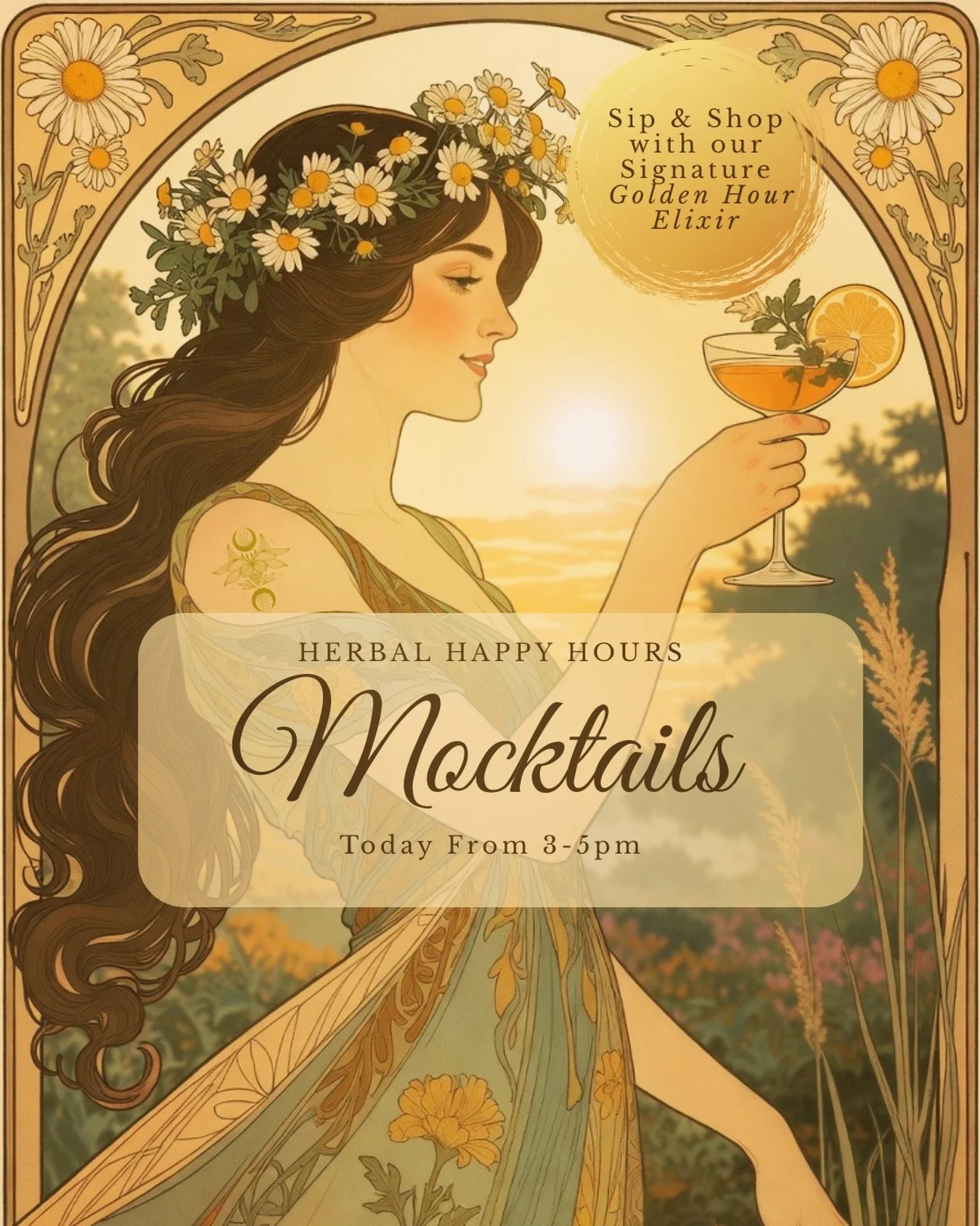 Golden Hour Elixir ✨

There&rsquo;s a quiet kind of magic that arrives in the late afternoon &mdash; when the light softens, the day slows, and everything feels just a little more golden.

Join us today from 3&ndash;5pm for Herbal Happy Hour at Natur