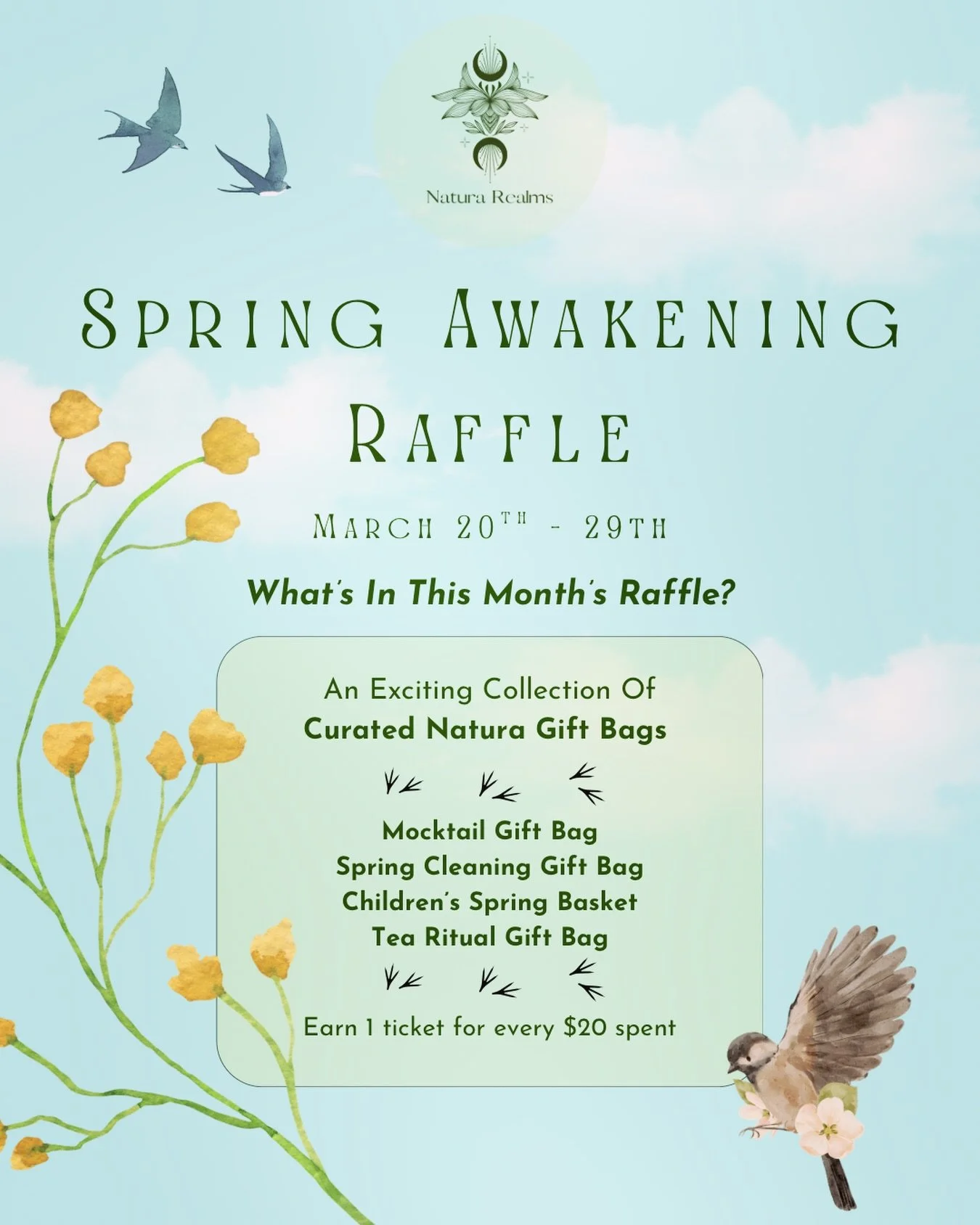🌿 Spring Awakening Raffle 🌿

The shift is here&hellip; and we&rsquo;re welcoming the return of light, beauty, and renewal at Natura Realms.

Beginning tomorrow through March 29th, join us for our Spring Awakening Raffle&mdash;a celebration of the s