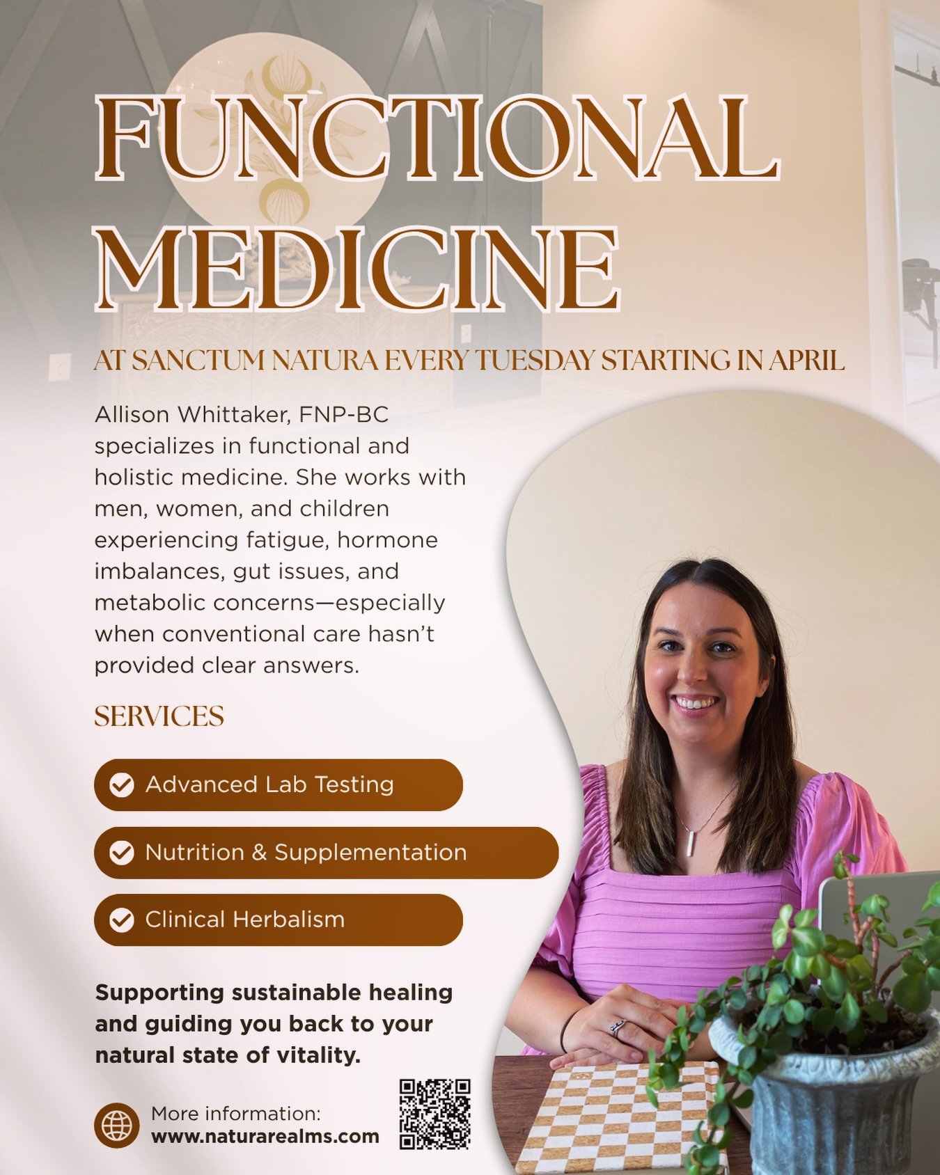 A deeper kind of care is arriving at Natura Realms. 🌿

Beginning this April, we&rsquo;re welcoming Functional Medicine with Allison Whittaker, FNP-BC to our Sanctum space every Tuesday.

This is care designed to listen closely&mdash;to your body, yo