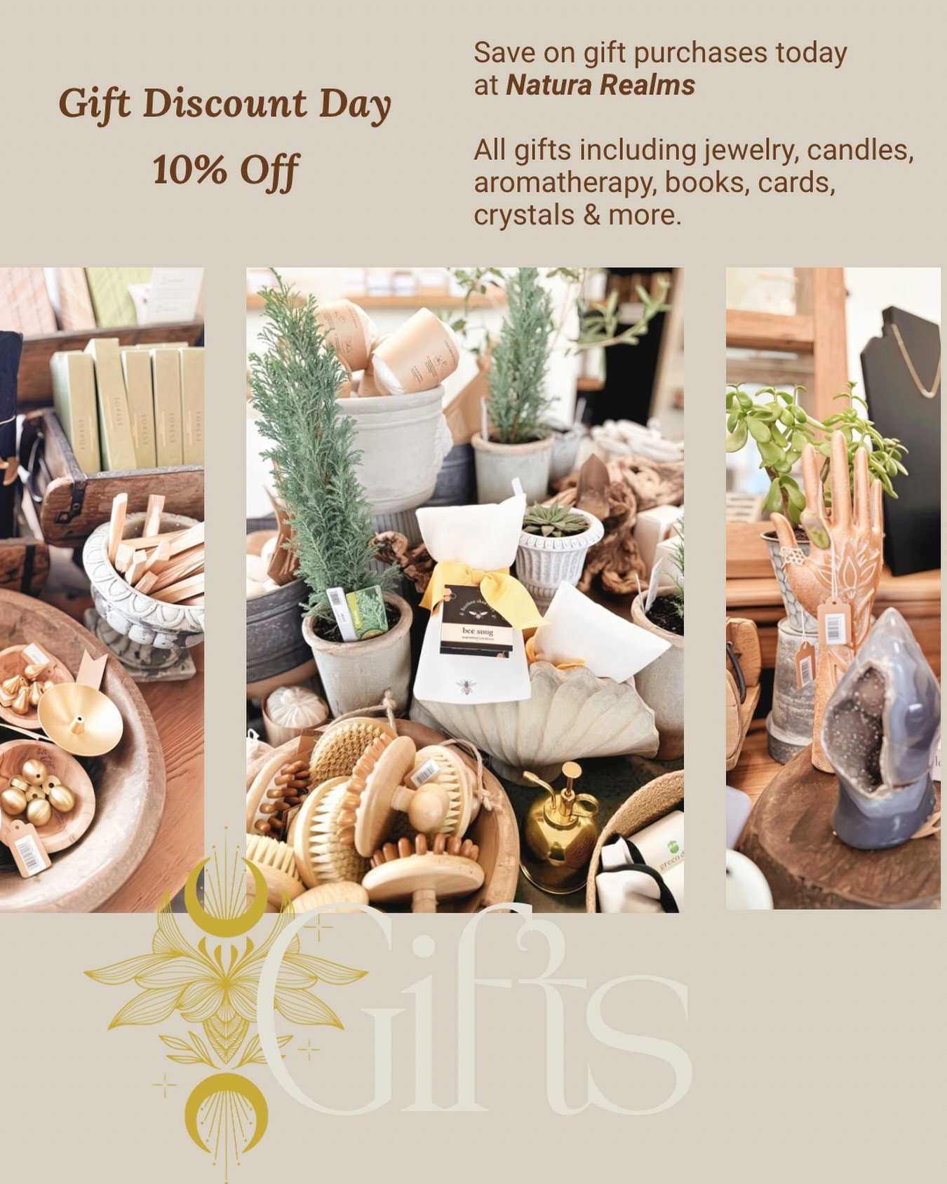 A beautiful reason to gather something meaningful ✨

Today is Gift Discount Day at Natura Realms&mdash;enjoy 10% off our curated collection of gifts, from candles and crystals to aromatherapy, jewelry, books, and more.

With Mother&rsquo;s Day just a