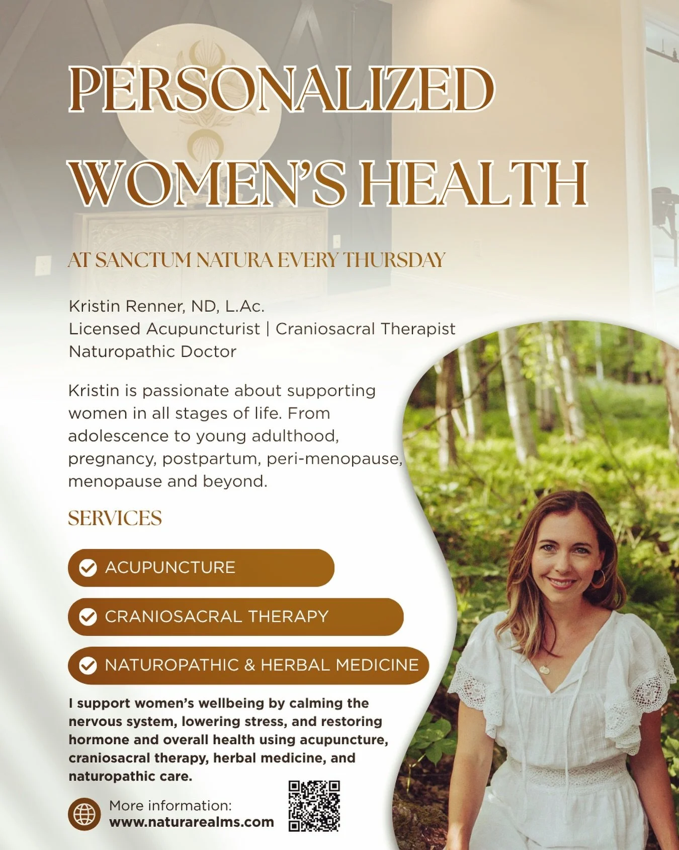 We are honored to welcome Dr. Kristin Renner, ND, L.Ac. to the Sanctum space at Natura Realms. ✨

Every Thursday, Dr. Kristin will be offering personalized care rooted in naturopathic medicine, acupuncture, craniosacral therapy, herbal medicine, nerv