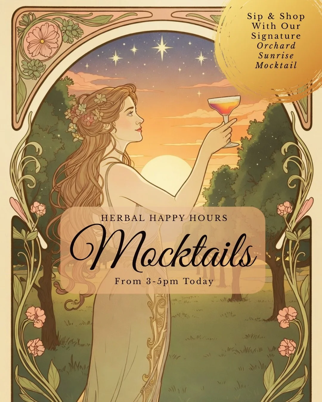 Join us today from 3&ndash;5pm for Herbal Happy Hours at Natura Realms and sip on today&rsquo;s featured mocktail: the ✨ Orchard Sunrise ✨

Crafted with Ceres Medley of Fruits, Lyre&rsquo;s Agave Blanco, Upstate Stock Apple Gooseberry Seltzer, and Po