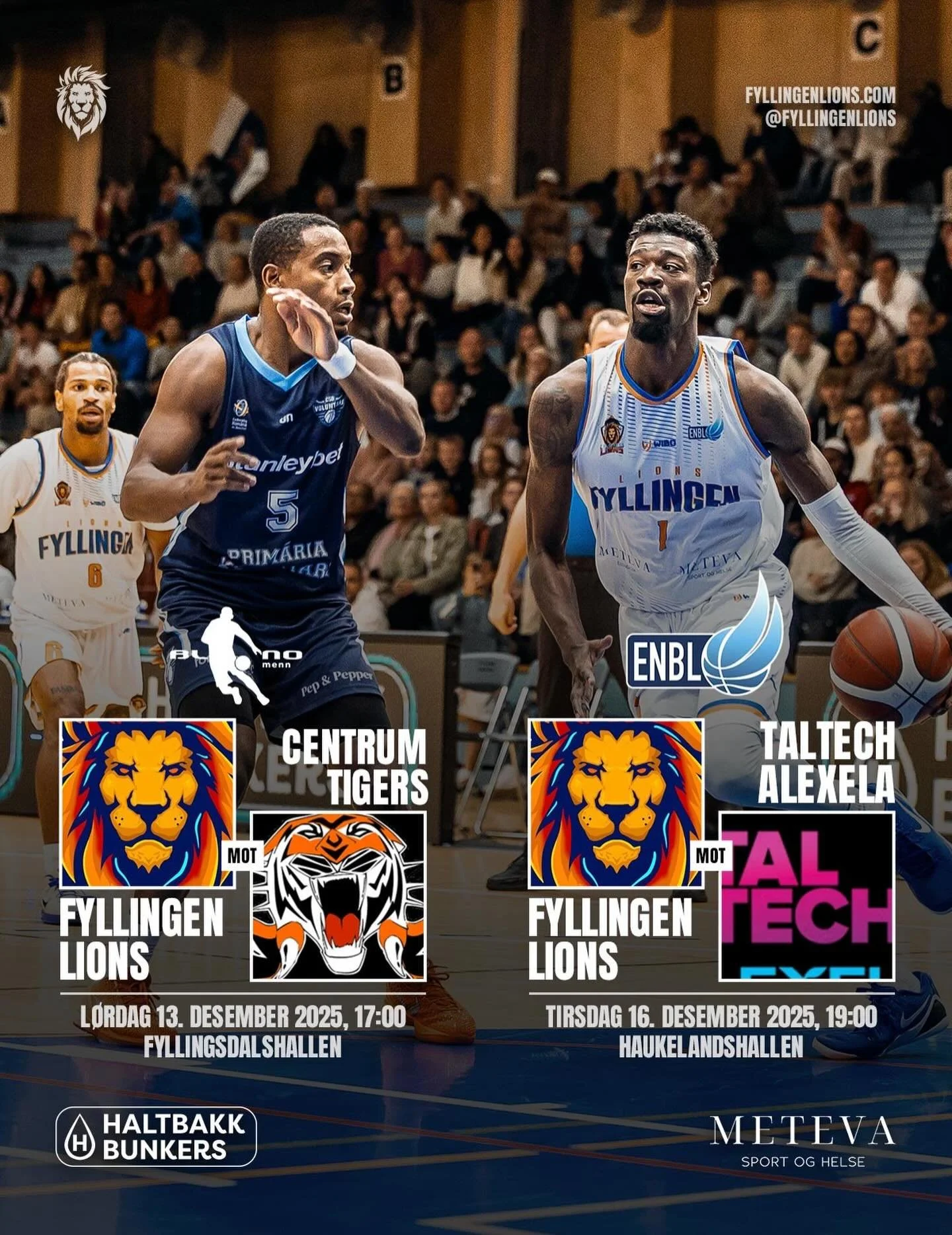 Bli med p&aring; Basketfest - BLNO 13. desember og ENBL 16. desember 🔥🔥

L&oslash;rdag 13. desember kl. 17.00 blir det hjemmekamp mot @centrumtigers i Fyllingsdalen idrettshall. 🐯🦁

Tirsdag 16. desember kl. 19:00 er det klart for sesongens tredje