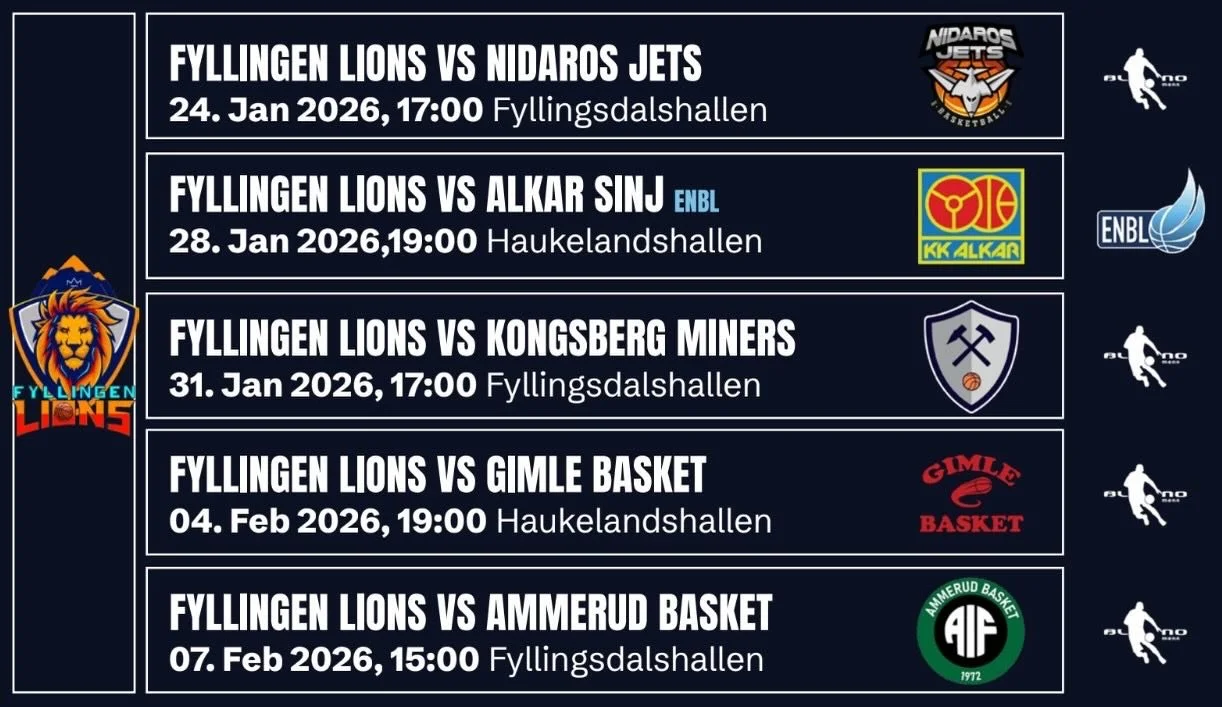 🔥Get ready - 24. januar er &aring;rets f&oslash;rste hjemmekamp i BLNO, og 28. siste hjemmekamp i ENBL. Dette er bare starten, og p&aring; 15 dager kan du kose deg med hele 5 kamper her i Bergen🔥

Lions ligger p&aring; 2. plass p&aring; BLNO-tabell