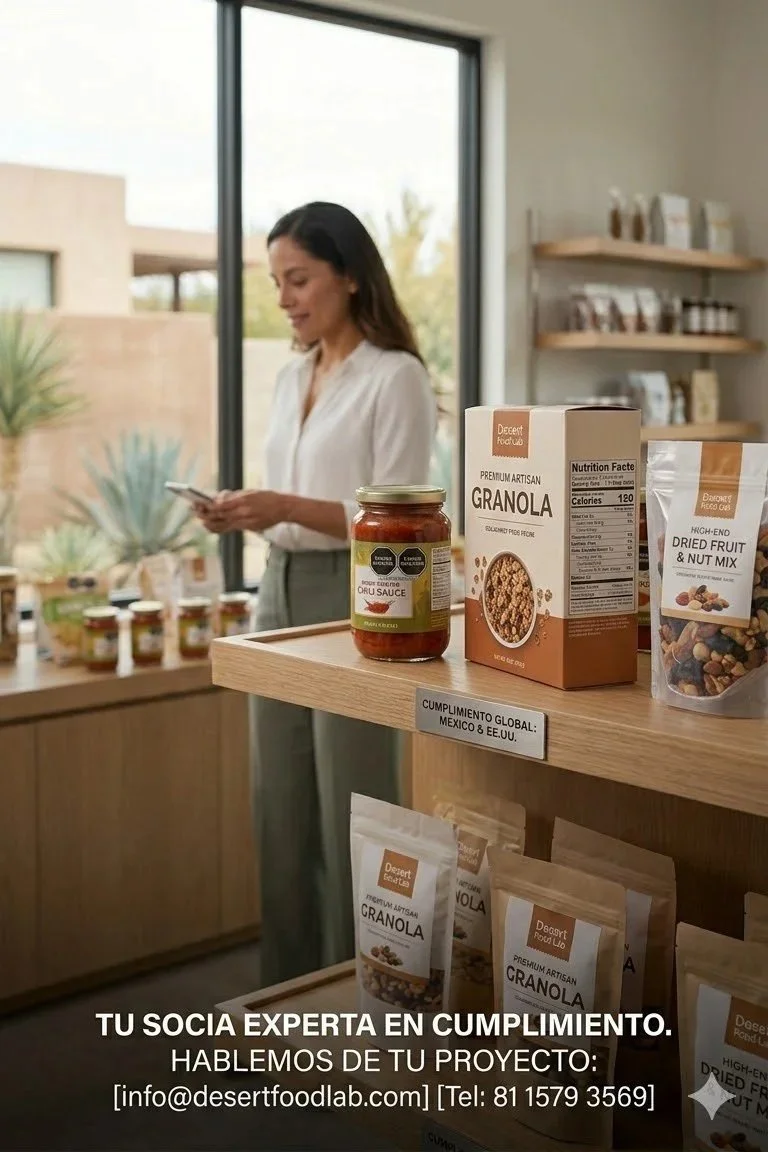 Mujer en una tienda de alimentos saludables, con productos de granola, frutas secas y salsas en una mesa y estantes, en un ambiente luminoso con ventanas grandes.