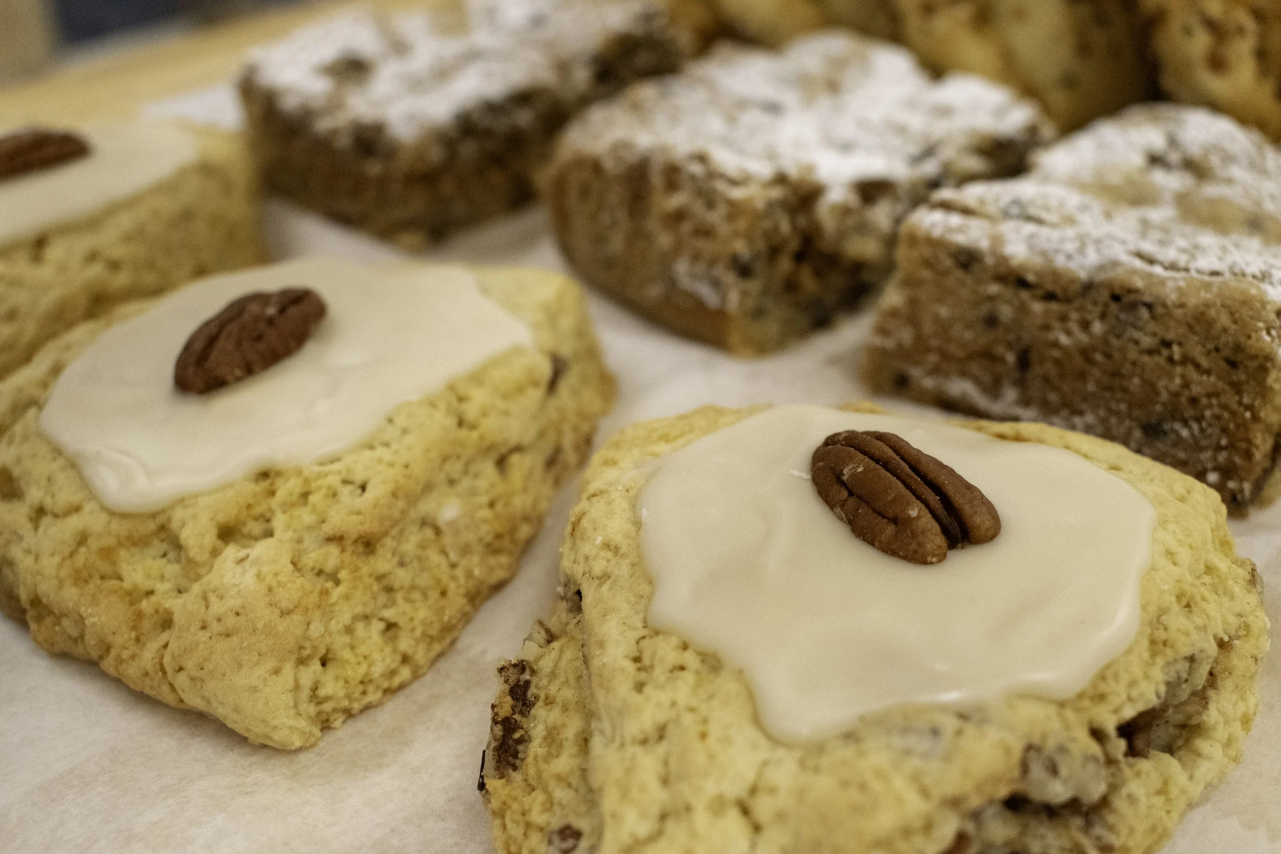 Fresh pecan scones with glaze at Ocean Brew Co bakery