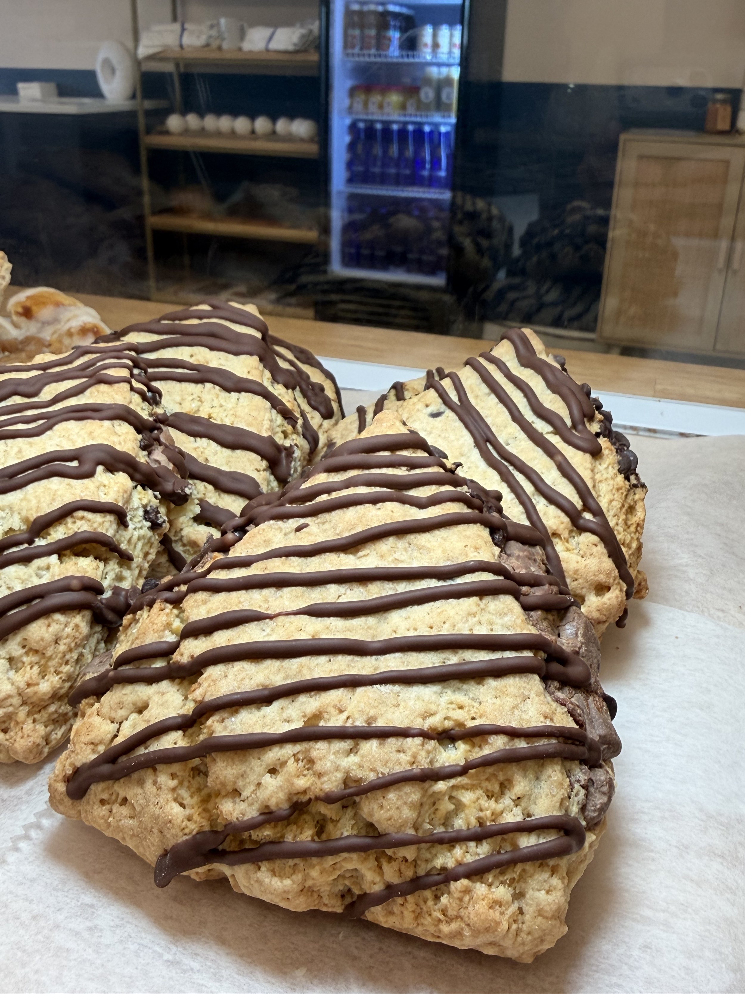 Chocolate-drizzled pastries made fresh at Ocean Brew Co