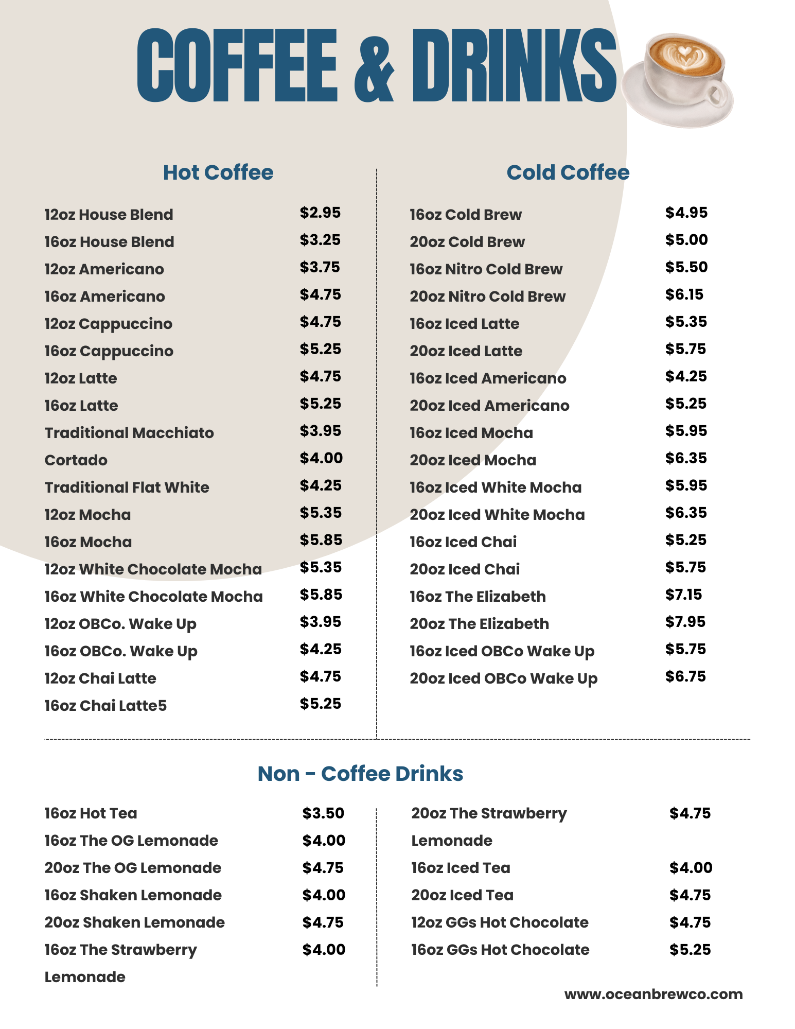 Specialty coffee, espresso, and iced drink menu at Ocean Brew Co