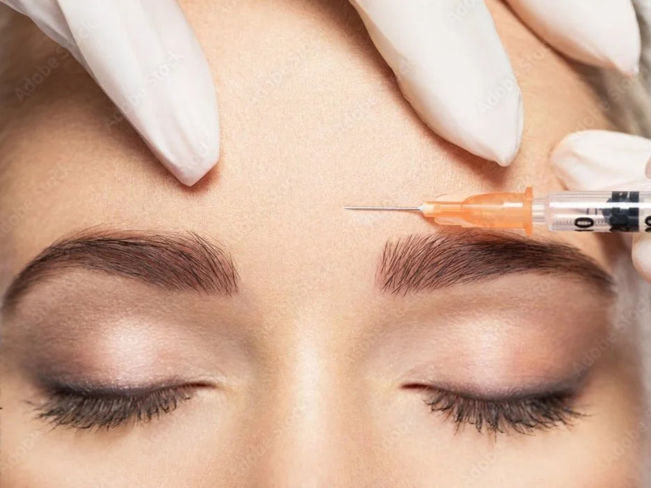 A person undergoing an eyebrow tattooing or microblading procedure with a syringe and gloves, focusing on their closed eyes and well-groomed eyebrows.