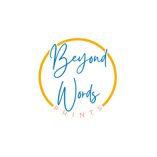 Circular logo with the text 'Beyond Words Prints' in blue and pink inside an orange ring.