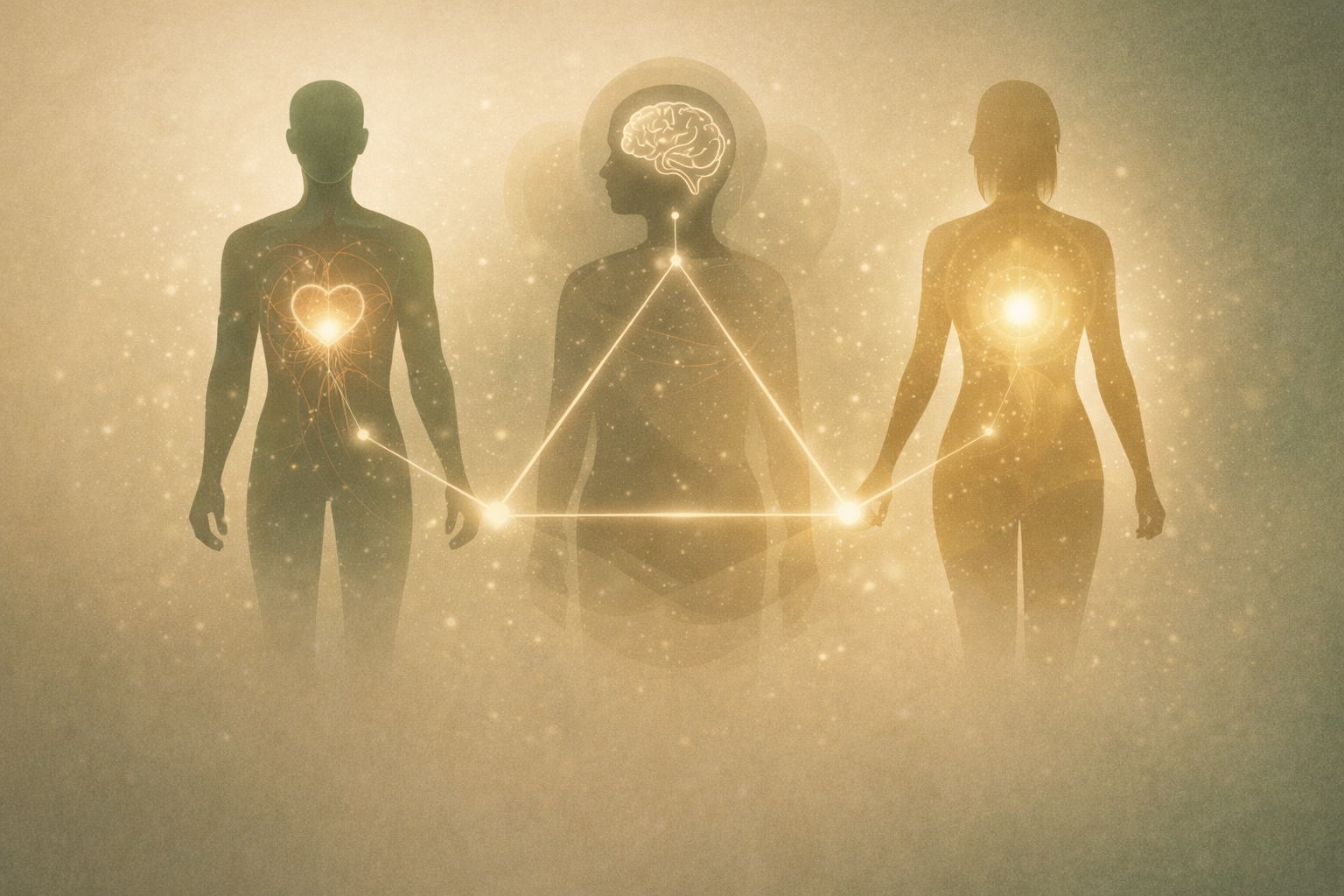 Drei menschliche Silhouetten mit leuchtenden Linien, die Chakra- und Herzkraftsymbole darstellen, verbunden durch leuchtende Linien in einer spirituellen, energetischen Darstellung als Ausdruck von Körper-Geist-Seele.