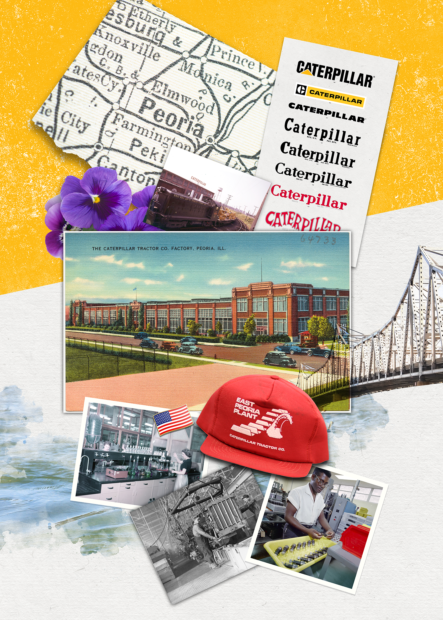Peoria, Illinois, is home to many generations of Caterpillar workers. The map of Peoria is adorned with violets, the state flower of Illinois.