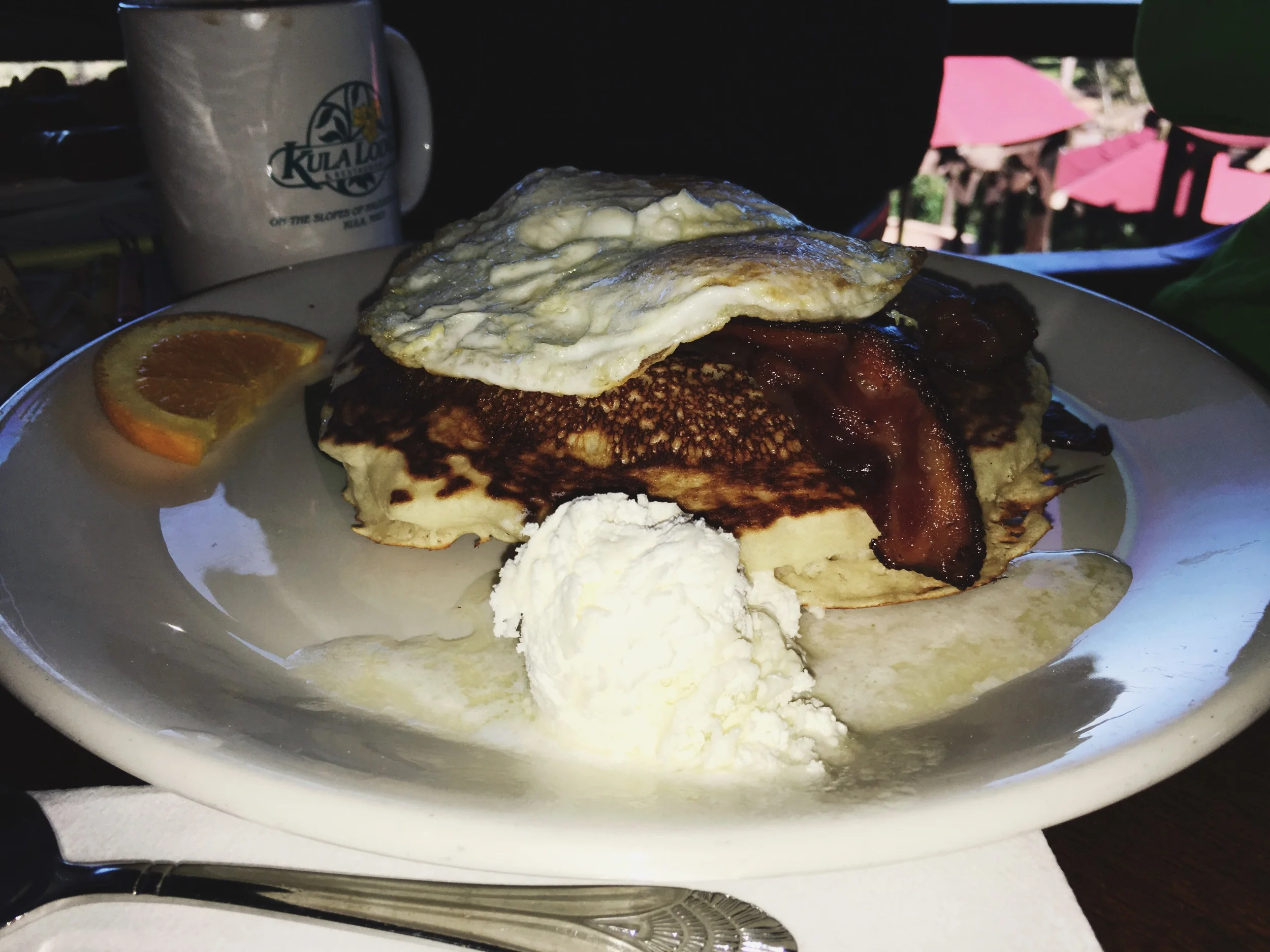 eggs and bacon and pancakes
