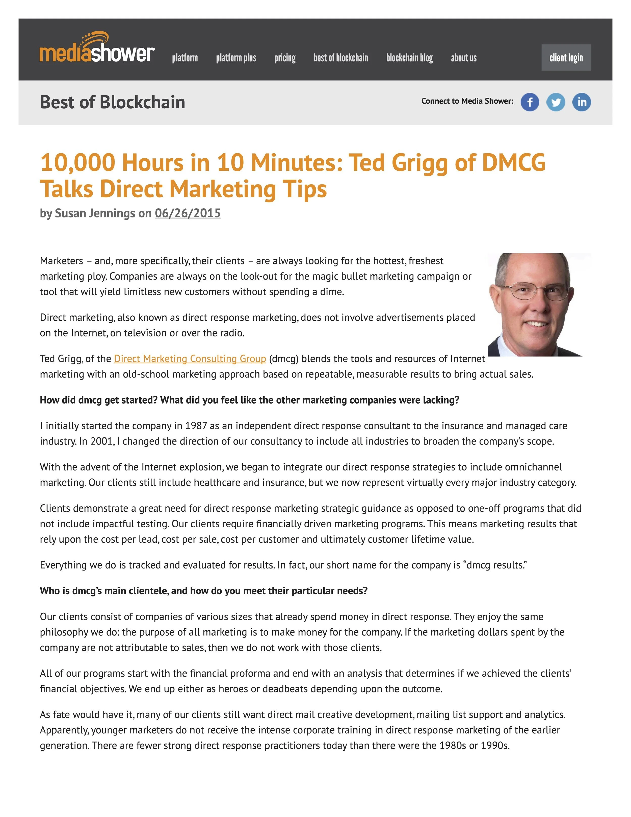 Recent Interview: Ted Grigg of DMCG Talks Direct Marketing Tips
