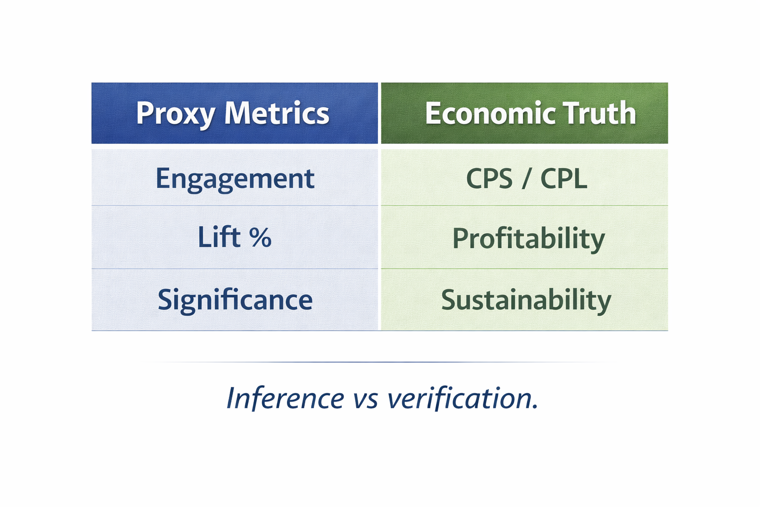 Diagram comparing inference testing and outcome testing in direct response marketing, showing how outcome testing proves real changes in sales and cost per sale.