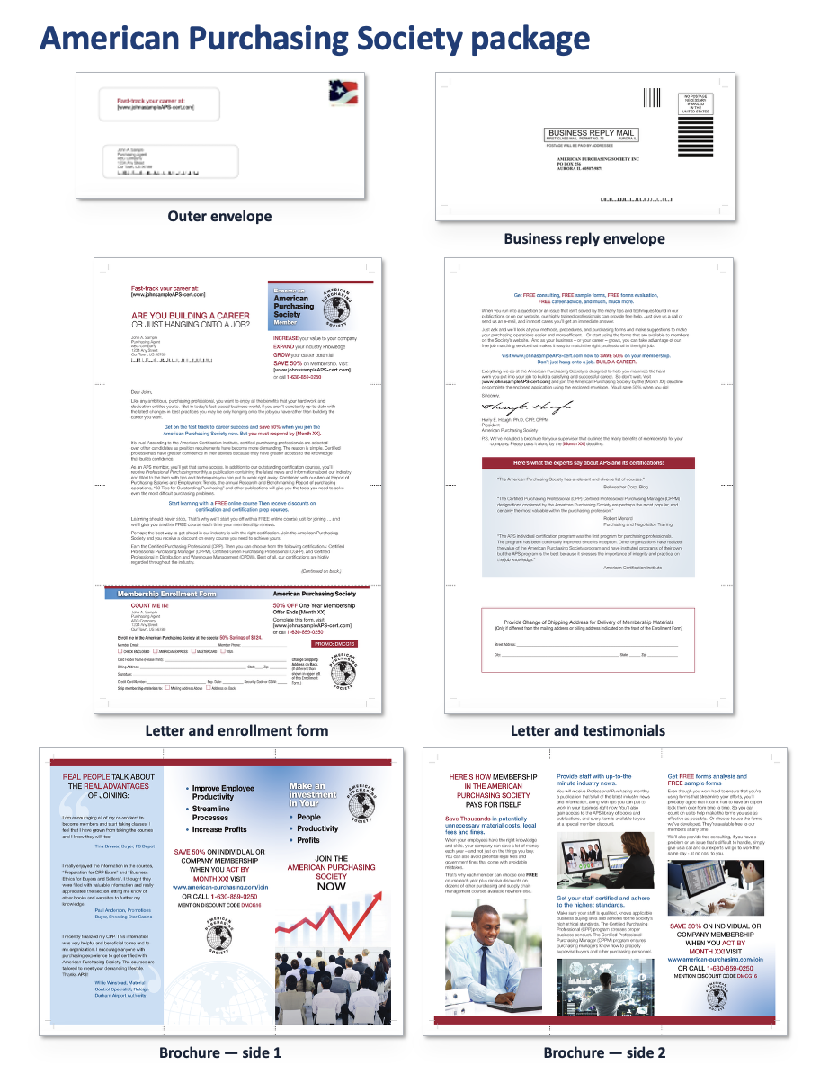 Complete American Purchasing Society membership package, including envelopes, letter, enrollment form, testimonials and two-sided brochure