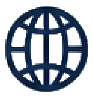 A stylized blue globe logo with grid lines and a circular frame.