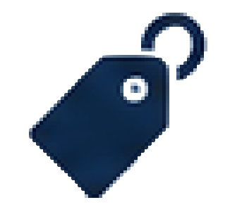 A dark-colored price tag or luggage tag with a circular ring at the top.