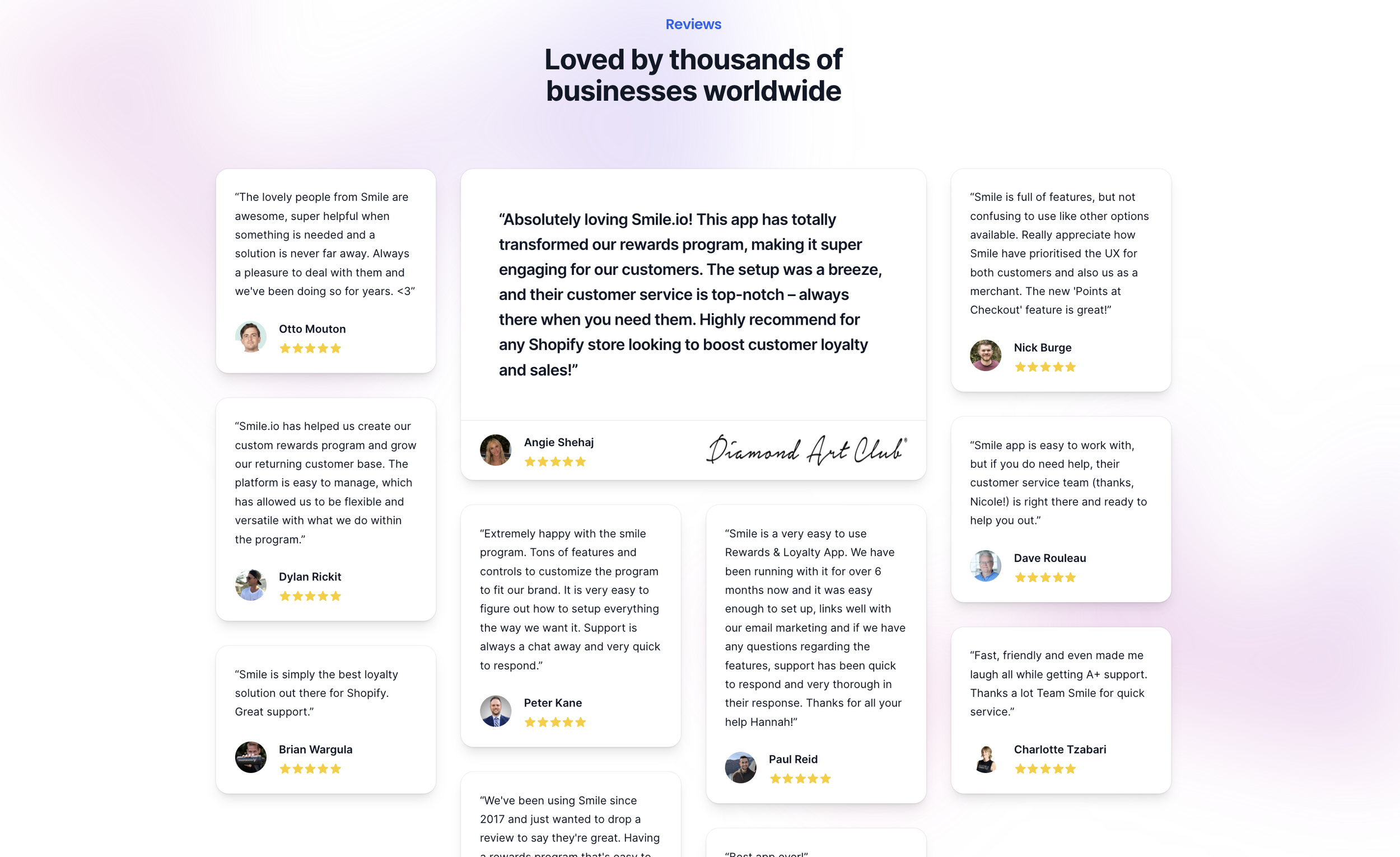 Smile.io: Customers page testimonials and reviews.