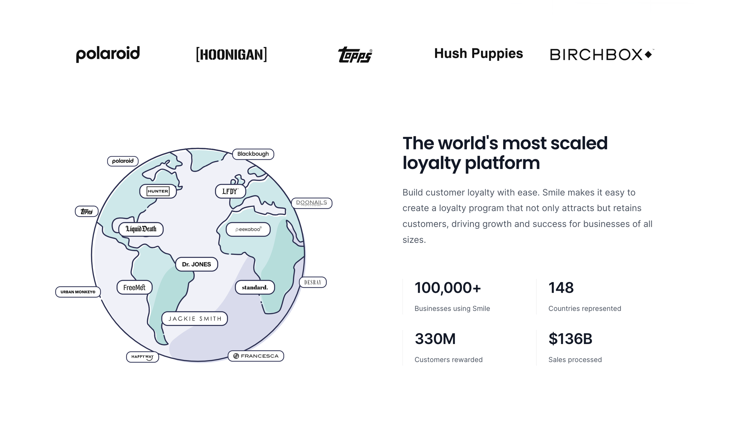 Smile.io: Homepage social proof. 