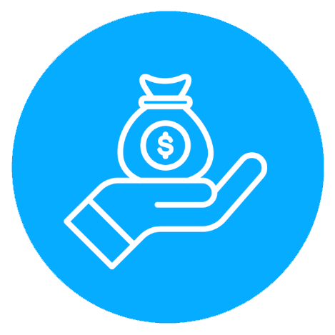 Outline of a hand holding a money bag with a dollar sign inside a blue circular background.