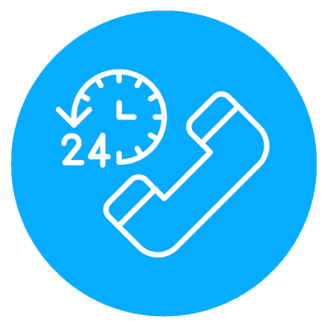 Blue circular icon with a white telephone handset and a clock showing 24 hours, symbolizing 24-hour customer support.