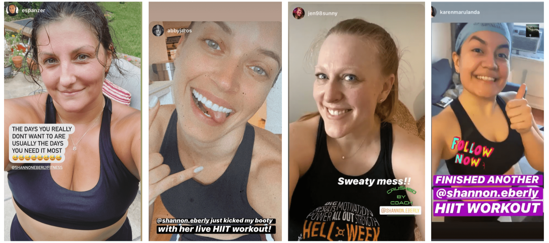 Real moms after virtual strength & HIIT workouts with Shannon Eberly Fitness. Post workout selfies showing confidence, community, and real life results from Shannon's 12-week program for moms.