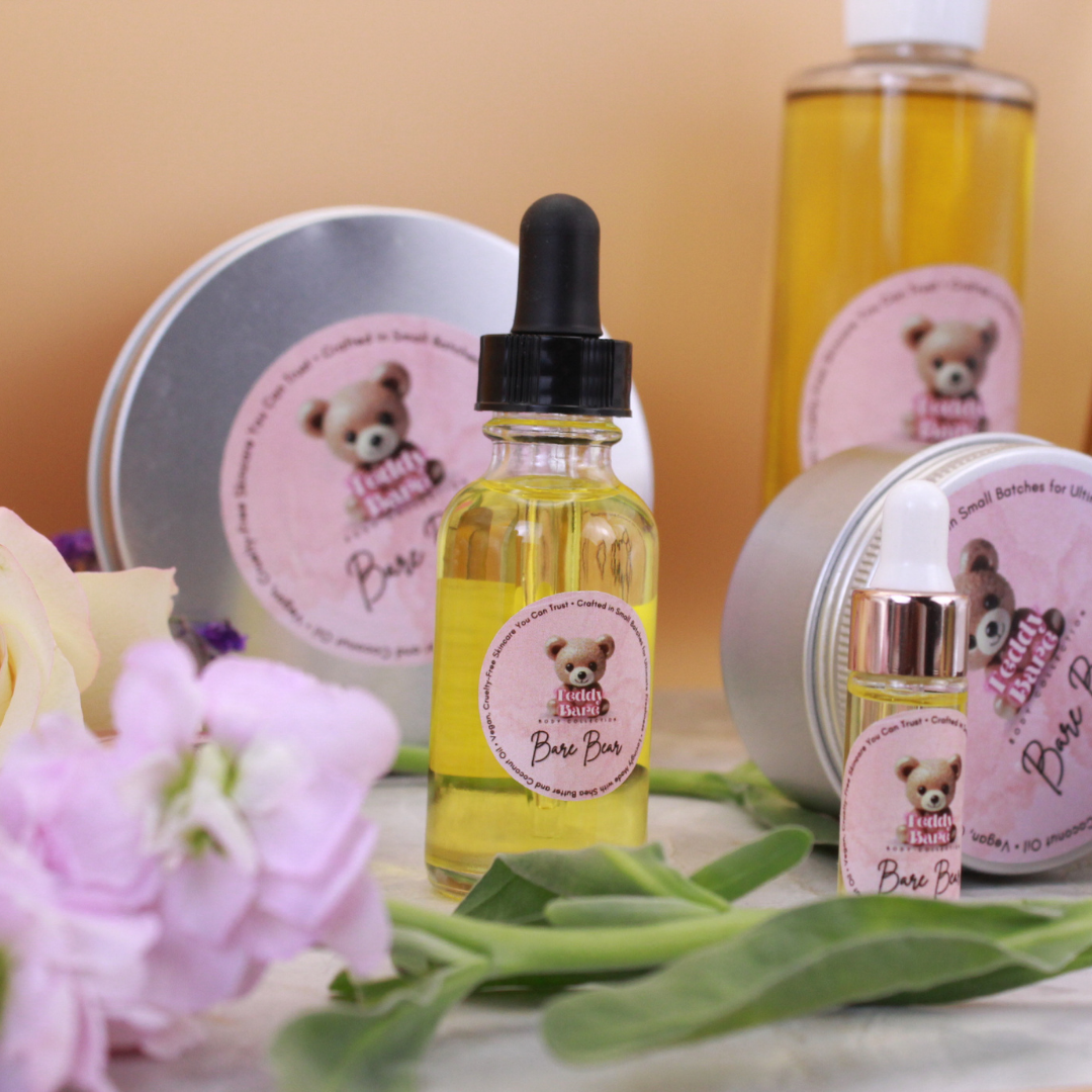Teddy Bare Body body oils  and body butters displayed in multiple sizes as part of a blog post about healthy skincare practices and beginner-friendly skin routines.