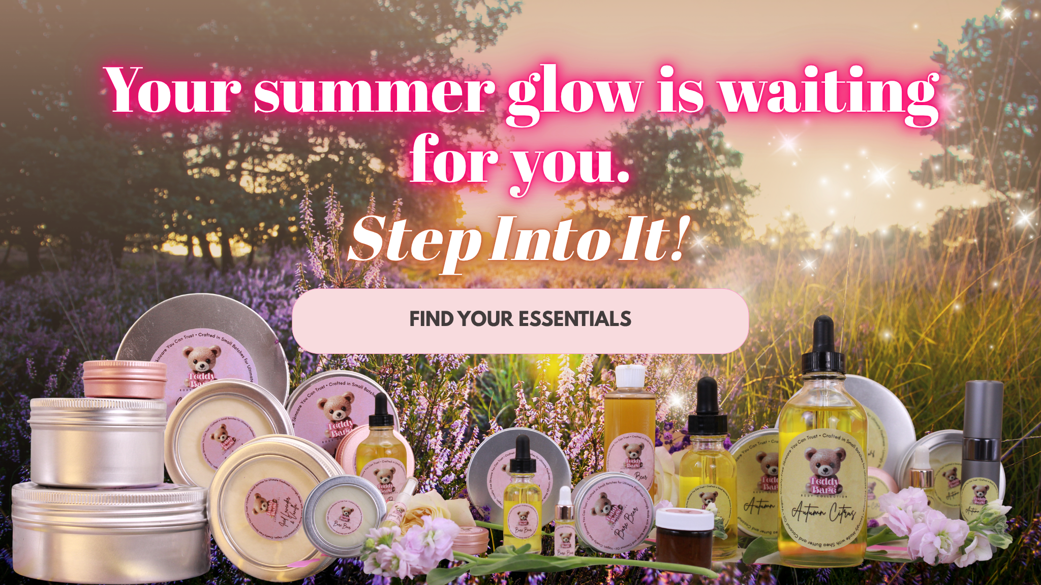 Teddy Bare Body body oils, body butters, and skincare essentials arranged in flowers at sunset, promoting summer glow and hydrated skin.
