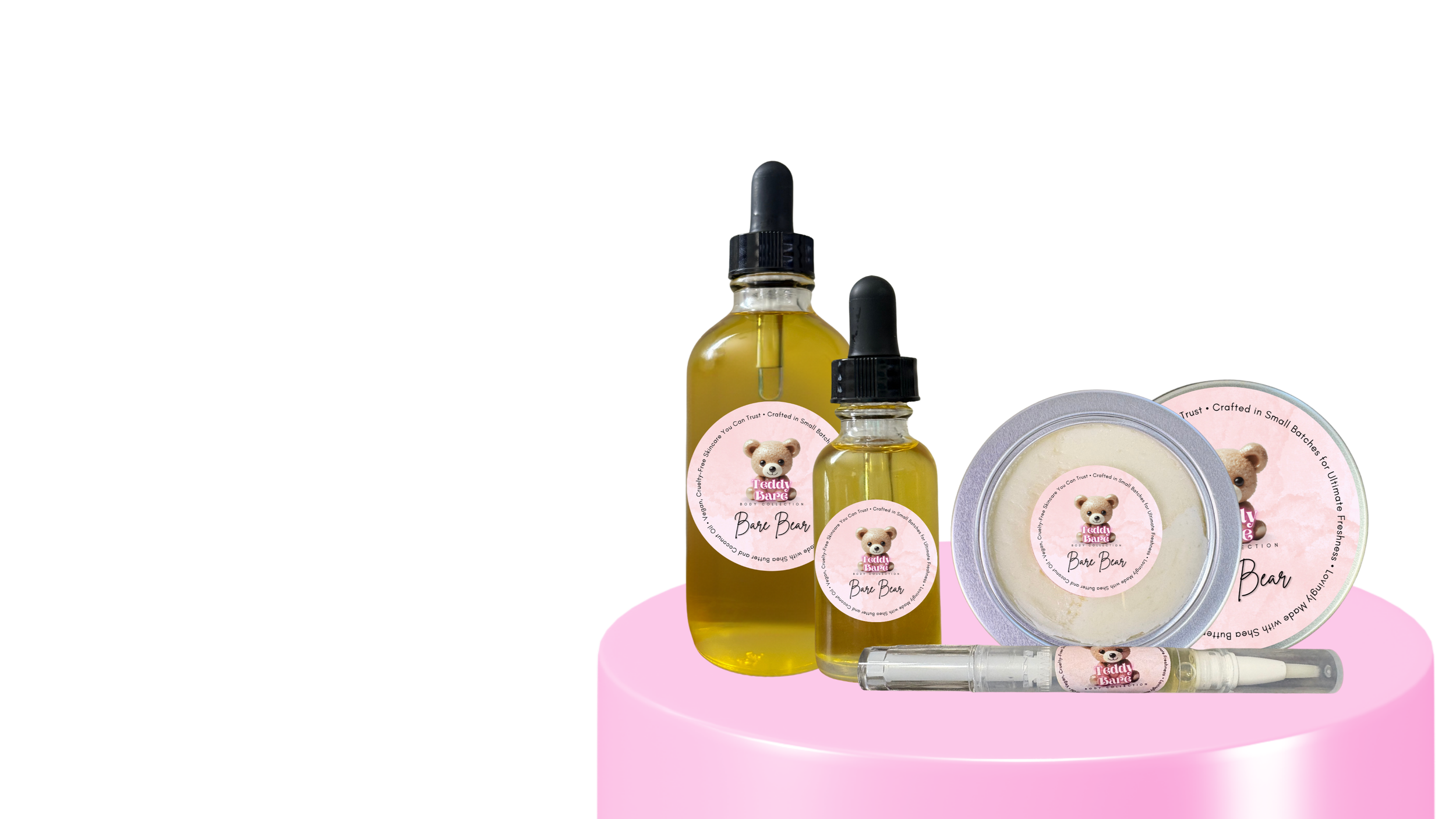 Teddy Bare Body Bare Bear skincare collection including body oil, body butter, and cuticle oil pen for hydration and sensitive skin care.