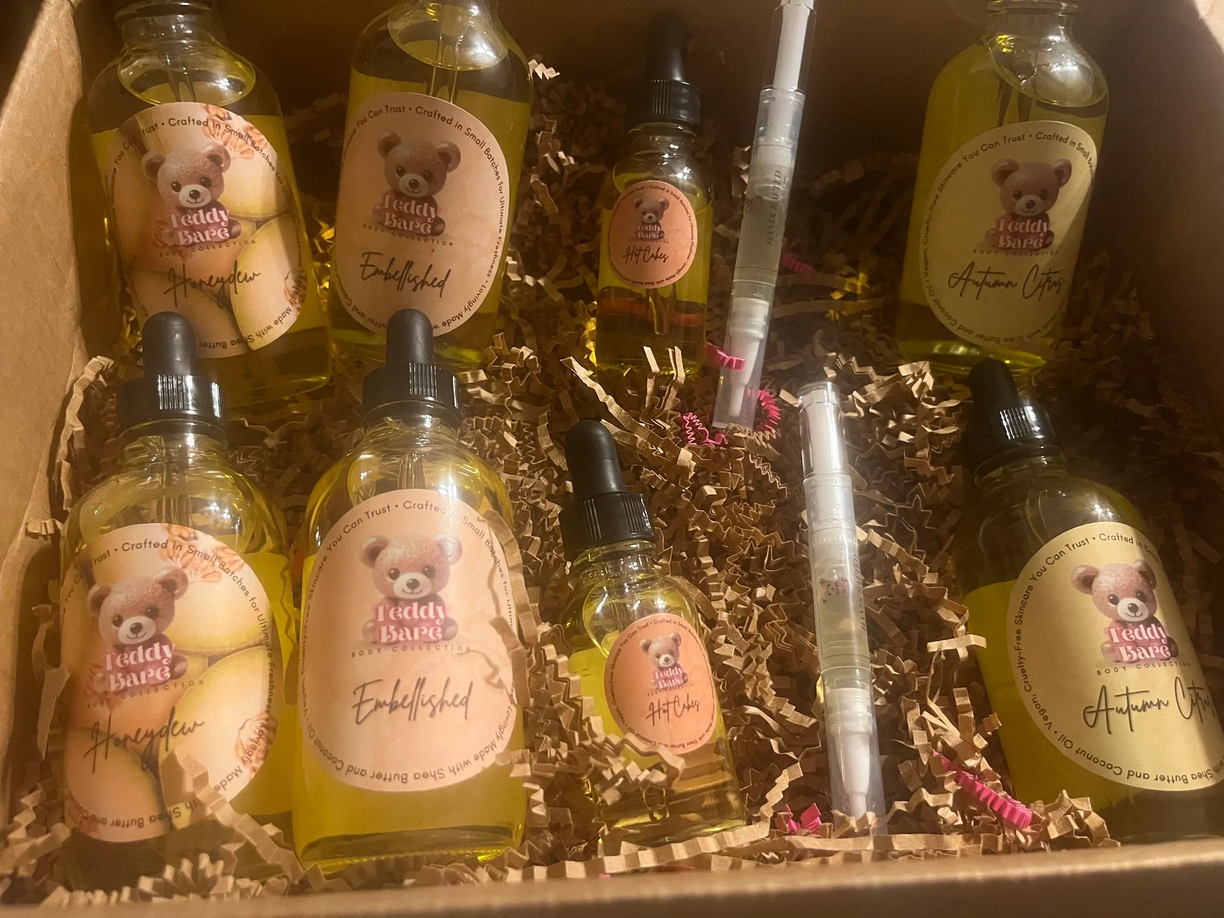 Customer review photo of Teddy Bare Body skincare bundle with body oils and nail care products in gift box packaging.