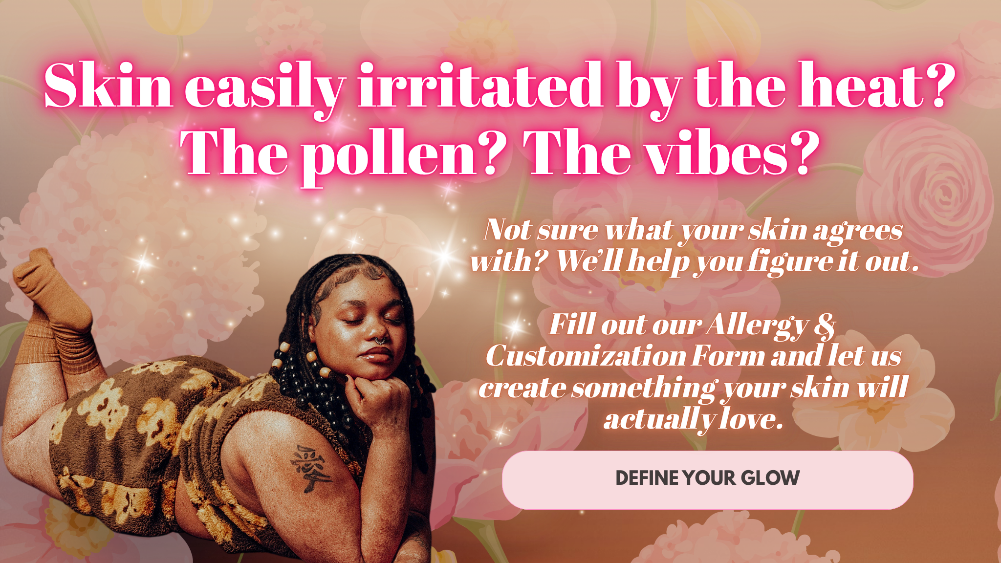 Teddy Bare Body skincare banner featuring woman with glowing skin and message about irritation, promoting allergy and customization form for sensitive skin care.