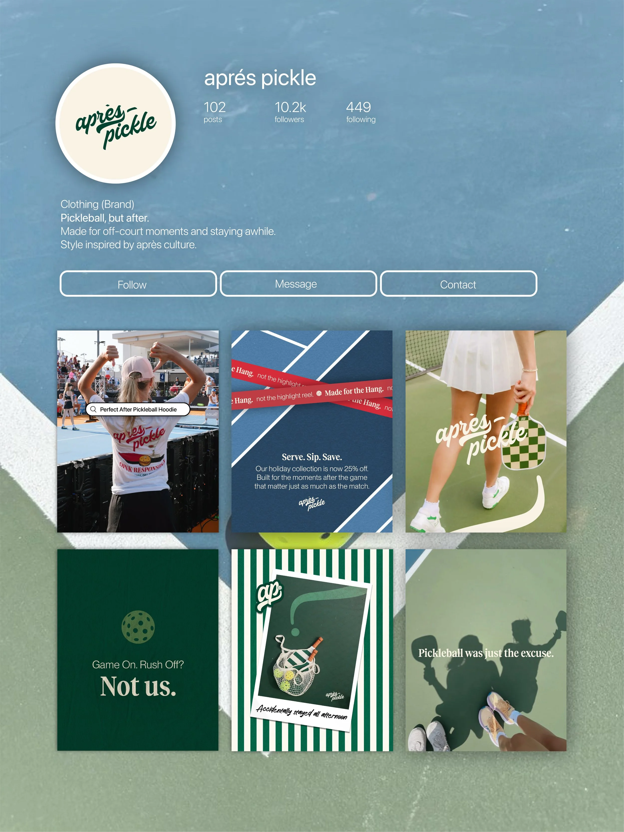 A screenshot of a social media profile page for 'après pickle' featuring six images; one of a woman at a tennis court, others promoting pickleball, including text about discounts and style inspirations, and a shot of two people playing pickleball.