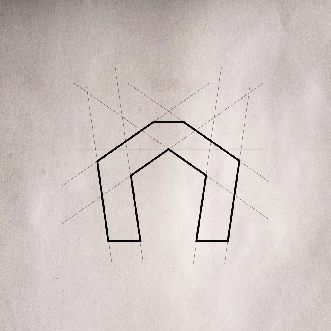 Sketch of a logo outline with construction lines and geometric guides.