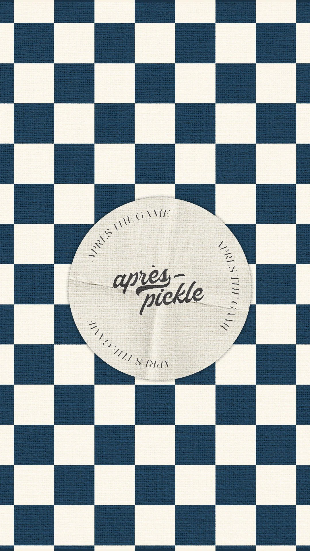 A circular label with the words 'après-pickle' and 'après the game' on a background of black and white checkered pattern.