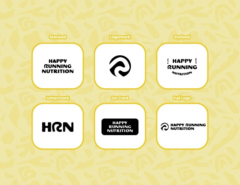 Image showing different logo styles for Happy Running Nutrition, including stacked, logomark, stylized, lettermark, on card, and full logo.