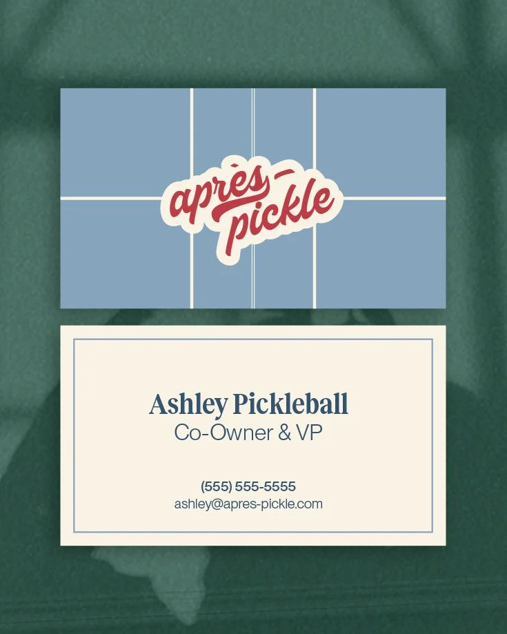 Business card with a logo and contact details for Apres Pickle, owned by Ashley Pickleball, including phone number and email.